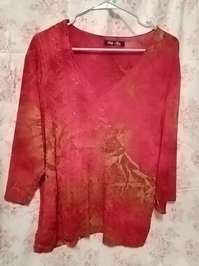 Red V-Neck Womens Top with Decorative Overlay